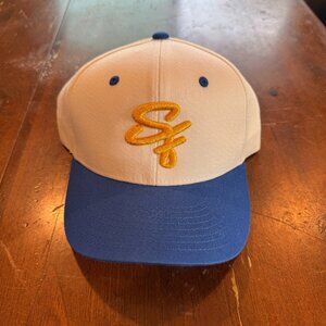 San Francisco Script Logo Snapback Tan Blue Embroidered Baseball Cap Adjustable